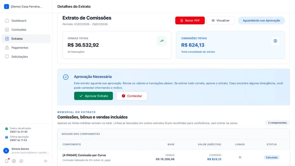 Extrato de comissões com regras aplicadas e memorial de cálculo na RevTrack