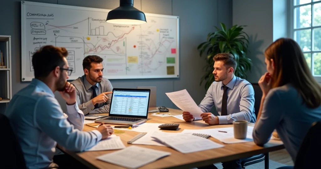 Gestores de pequena empresa analisando planilhas de comissões em um escritório