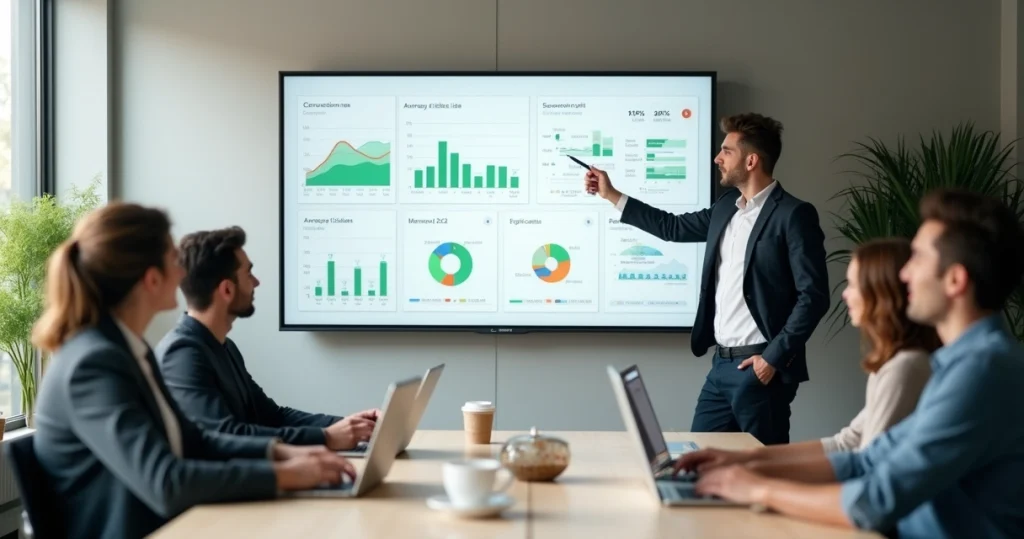 Gestor de pequena empresa analisando dashboard de KPIs de vendas em tela grande com gráficos coloridos