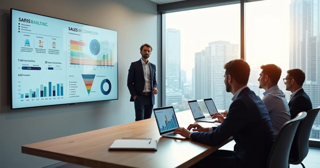 Gestor acompanhando força de vendas em painel com gráficos e equipe reunida