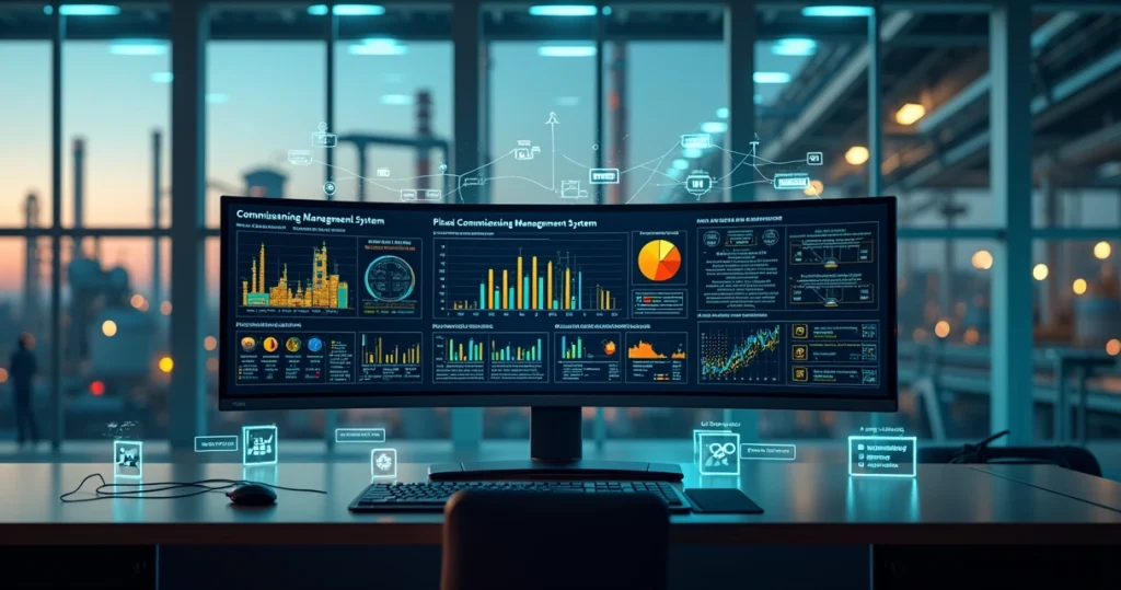 Painel digital mostrando fluxo de automação de comissionamento com integrações industriais e de vendas