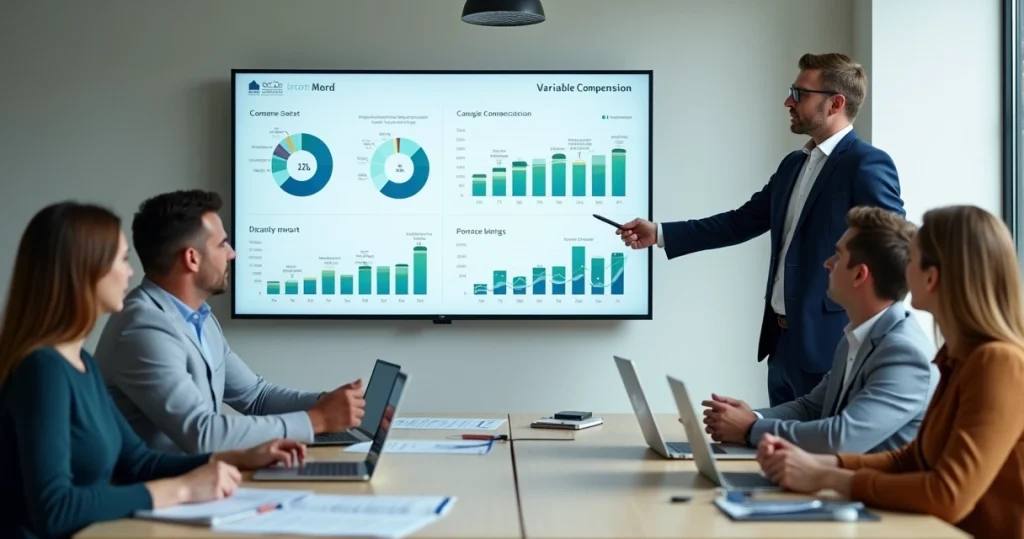 Gestor de vendas explicando painel de remuneração variável para equipe comercial