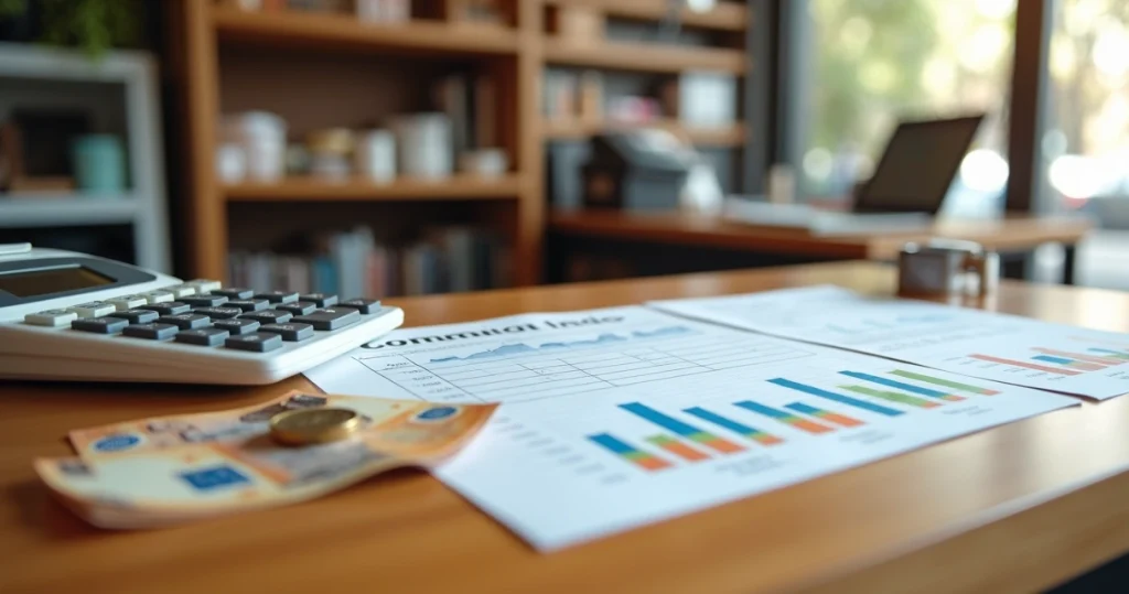 Mesa de pequena loja com calculadora, gráficos impressos e dinheiro simbolizando comissão de vendas