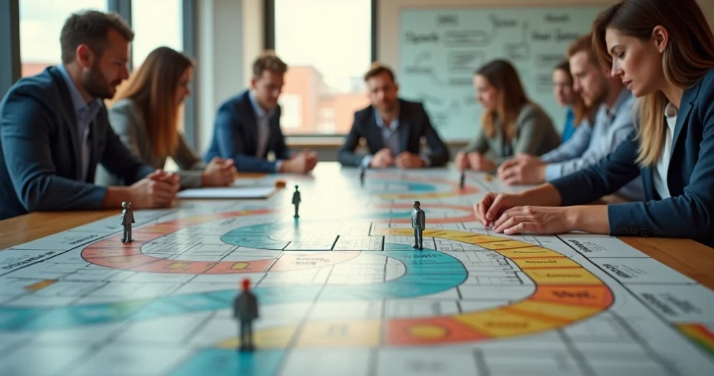 Equipe de vendas reunida em torno de tabuleiro metáfora de plano de comissão